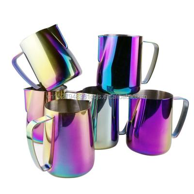 China Viable Colorful Art Cup Stainless Steel Skimming Jug Milk Mouth Mold Garland Making Coffee Pitcher Craft Pull 600ml for sale