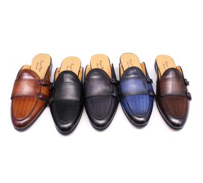 China Genuine Leather Monk Strap Mules Durable Black Half Slip On Shoes Double On Lazy Loafers for sale