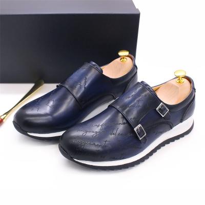 China Genuine Leather Men's Casual Dress Shoes Monk Strap Flat With Buckle Laser Print Pattern Sneaker Sports Running Available Shoes for sale