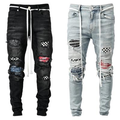 China 2022 Patchwork Chic Ripped Mens Fashion Style Lattice Denim Jeans High Street Cargo Breathable Skinny Pants for sale