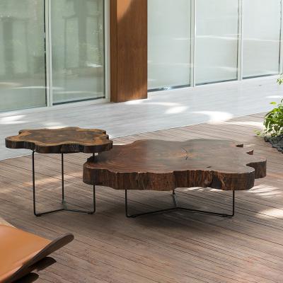 China Large Design Natural Round Slab Side Table Coffee Table Log Coffee Table With Hair Metal Legs for sale