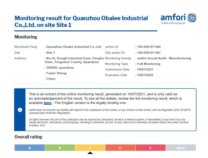 BSCI - Quanzhou O'balee Industrial Co., Ltd.