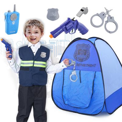 China Eco-friendly Material Kids Pretend Role Play Tent Police Costume With Gun Set Indoor Folding Play Toy Accessory Tent for sale