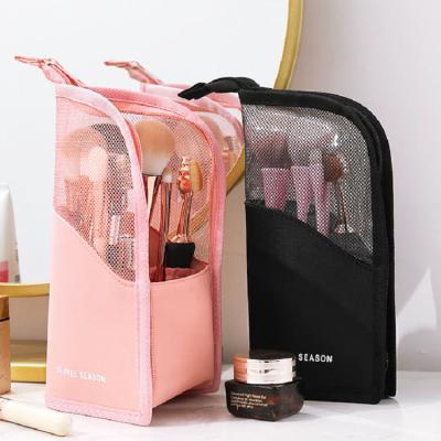 China Fashion Wholesale Custom Private Label Logo Mesh Make Up Pink Black Cosmetic Brush Bag for sale