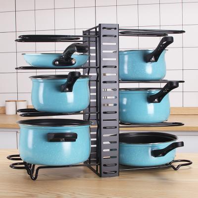 China Viable Adjustable Pan Organizer Rack Kitchen Storage Foldable Kitchen Countertop and Storage Rack Cabinet 5 Layer Pans Rack for sale