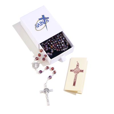 China Komi 2021 Religious Wholesale Religious Catholic Crystal Jewelry Cross Pendant Rosary Necklace With Gift Box for sale