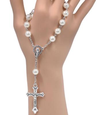 China Hot Sale Fashion ABS Pear Rosary Bracelet White Jesus Christ Maria Cross Bracelet for sale