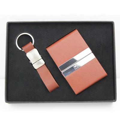 China Business Gift Luxury Custom Logo Leather Card Holder And Key Chain Set for sale