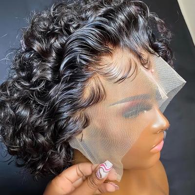 China Hot Sale Water Wave Pixie Curls Wig Natural Black Short Hair 13x4 Lace Up Ftont Pixie Wigs For Black Women With Preplucked Hairline for sale