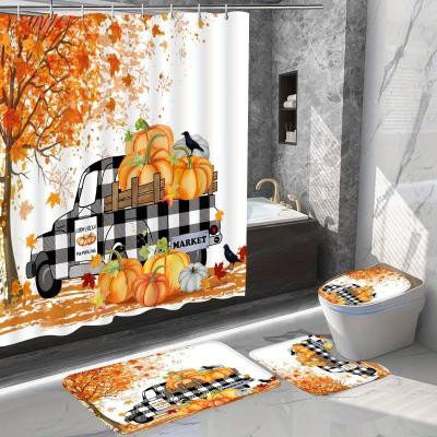 China Sustainable 2023 New Horror Cute Pumpkin Pattern Shower Curtain Set Waterproof Shower Curtain with 12 Hooks Non-slip Bathroom Carpet for sale