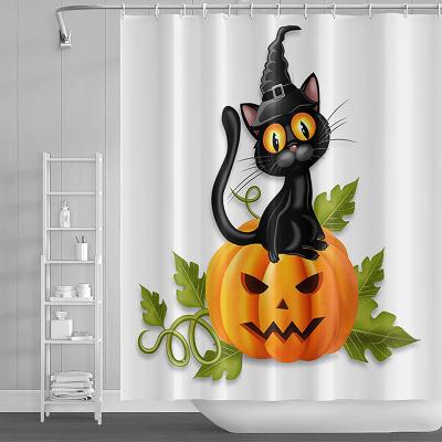 China Sustainable Funny Cat Pumpkin Shower Curtain Horror Halloween Night Landscape Waterproof Polyester Bathroom Curtains Bath Screen Home Decor for sale