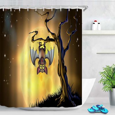 China Sustainable 2023 Halloween Series Shower Curtain Cartoon Horror Castle Bat Giant Moon Bathroom Waterproof Shower Curtains for sale