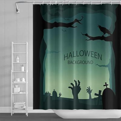 China Sustainable Halloween Horror Pumpkin Lamp Pattern Bathroom Bath Belt 12 Hooks Waterproof Polyester Fabric Shower Curtain Bathroom Decoration for sale