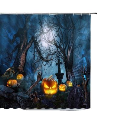 China Sustainable Halloween Theme Pumpkin Lantern Witch Castle Horror Night Scene White Ghost Pattern Shower Curtain Waterproof Shower Curtains for sale