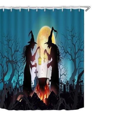 China Sustainable Modern Halloween Witch Pumpkin Shower Curtain High Quality Home Decor with Hook Waterproof Polyester Fabric Bathroom Curtain for sale