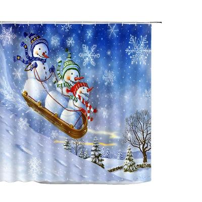 China Sustainable Funny Snowman Shower Curtains Fence Red Birds Xmas Trees Berries Winter Scenery Christmas Bath Curtain Set Fabric Bathroom Decor for sale