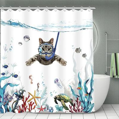 China Sustainable 2023 New Bionic Cute Cat Printed Shower Curtain Waterproof Mildew-proof Wrinkle-free Shower Curtain for sale