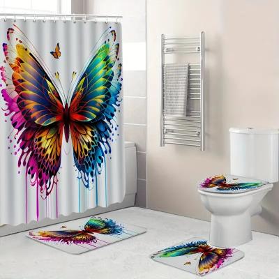 China Stain Resistant 12 Hooks Colorful Butterfly Pattern Shower Curtain  Non-Slip Bathroom Rug, Toilet U-Shape Mat and Lid Cover Pad for sale