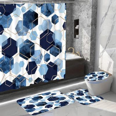 China Sustainable Modern Minimalist Printed Pattern Shower Curtain Set with 12 Hooks Non-slip Bath U-shaped and  Lid Toilet Mat for sale