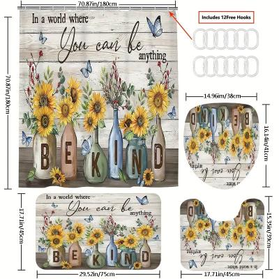 China Sustainable Sunny Sunflower Beautiful Life Theme Waterproof Not Easily Wrinkled Shower Curtain with 12 Hooks 4PCS bathroom set for sale