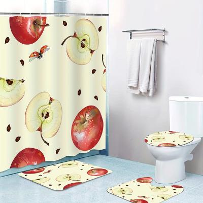 China Sustainable 2023 New Fruit Theme Pattern Shower Curtain with 12 Hooks, Non-slip Absorbent Bath Mat,4PCS Bathroom Set for sale