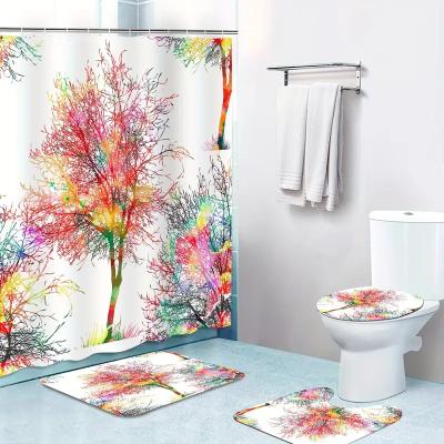 China Sustainable Viable Colorful Tree Pattern Shower Curtain with 12 Hooks, Soft Non-slip Super Absorbent Bath Mat Bathroom Set for sale