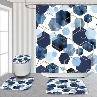 China Sustainable Colorful Hexagonal Pattern Bathroom Shower Curtain Set with 12 Hooks, Non-Slip Super Absorbent Bathroom Mat, Bathroom 4PCS for sale