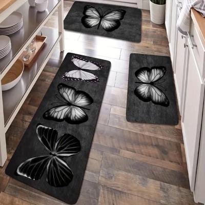 China Stain Resistant Flannel Butterfly Printed Non-Slip Oil Resistant Absorbent and Decorative Kitchen Floor Mat for sale