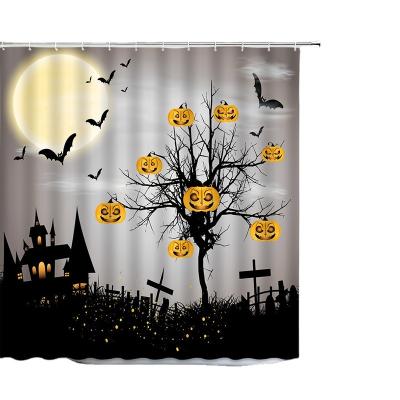 China Sustainable 3D Data Printing Halloween Witch Pumpkin Pattern Shower Curtain with 12 Hooks Waterproof Wrinkle-free Shower Curtain for sale