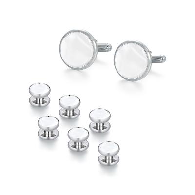 China Classic Shirt Jewelry 8 PCS Gift Set White Pearl Shell Men Round Shape Cufflinks Studs Chrome Plated Cufflink for sale