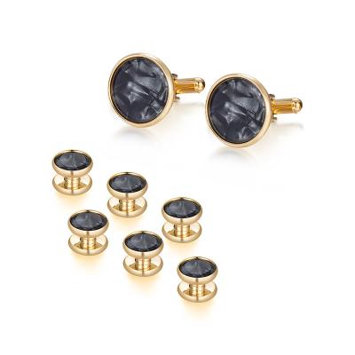 China Classic Shirt Jewelry Gift 8 PCS Set Round Shape Black Pearl Shell Men Cufflink and Stud Gold Plated Cufflink for sale