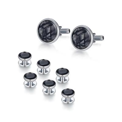 China Classic Shirt Jewelry 8 PCS Gift Set Black Pearl Shell Men Round Shape Cufflinks Studs Chrome Plated Cufflink for sale