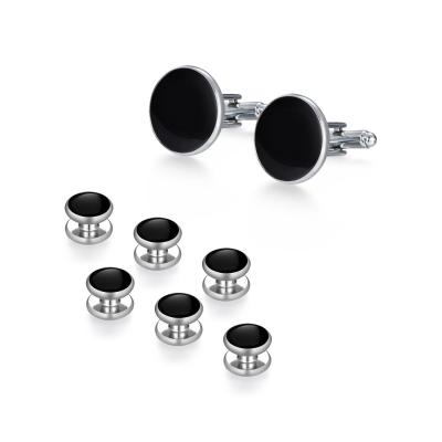 China Classic in Stock High Quality 8pcs Set Mens Cufflinks and Studs Set Black Round Cufflinks and Studs for Tuxedo Shirt for sale