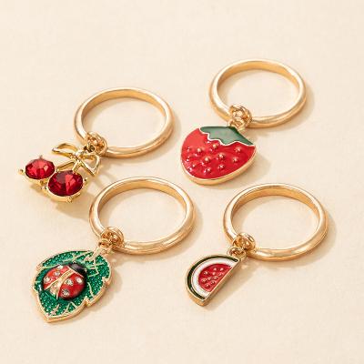 China Newest BOHEMIA Cartoon Strawberry Cherry Leaf Pendant Ring Set 4Pcs Fashion Enamel Fruit Ring For Woman Gift for sale