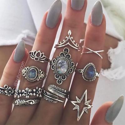 China New Vintage BOHEMIA Vintage Feather Moonstone Tail Ring Midi Ring Retro Hawaiian Ring Set for Girl for sale