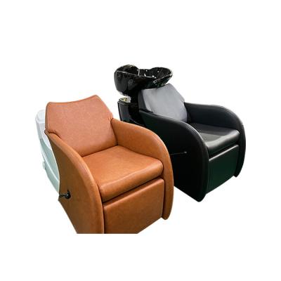 China Black Modern Hair Washing Chairs Head Unit Backwash Furniture Barber Shop Bed Shampoo Wash Bowls Sink And Chairs for sale