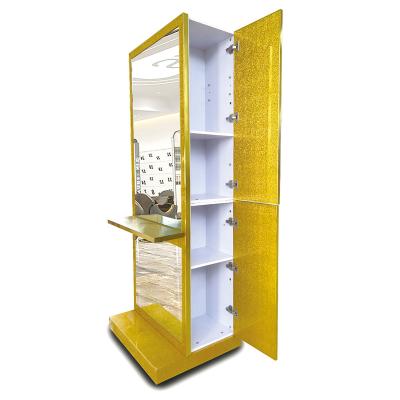 China Modern Hairdressing Mirror Styling Salon Stations Barber Shop Furniture Mirror Light Gold Luxury Station with Many Drawers for sale