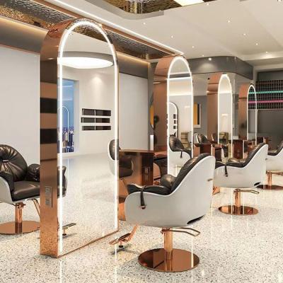 China Modern Gold Double Sided Led Mirror Hair Salon Styling Station Salon Barber Chair And Mirror Set Mirrors For Hair Salon for sale