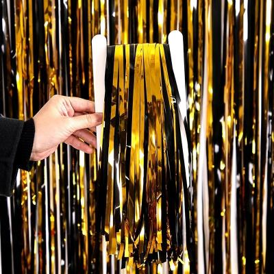 China Metallic Tinsel Foil Fringe Curtains For Bachelor Wedding Christmas Party Decoration Gold Black Tassel Curtains Backdrop Party Decorations for sale