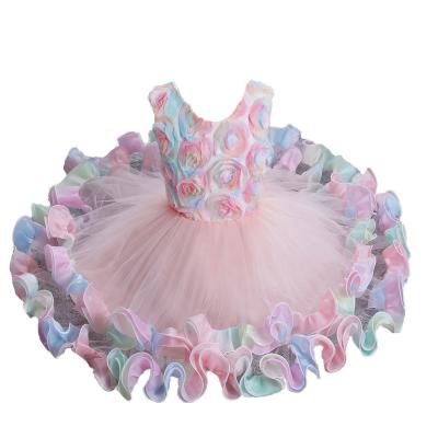 China Breathable Princess Wedding Dress With Stereo Aesthetic Flower For Kids Colorful Petal Kid Dress for sale