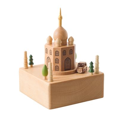 China Handmade Wooden Taj Mahal Customized Wooden Hand Trolley Movement Music Box for sale