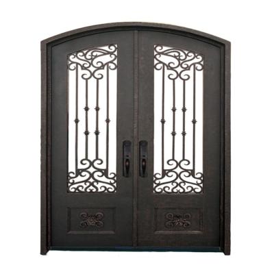 China Modern Luxury Exterior Security Decoration Wrought Iron Eyebrow Double Entry French Doors for sale