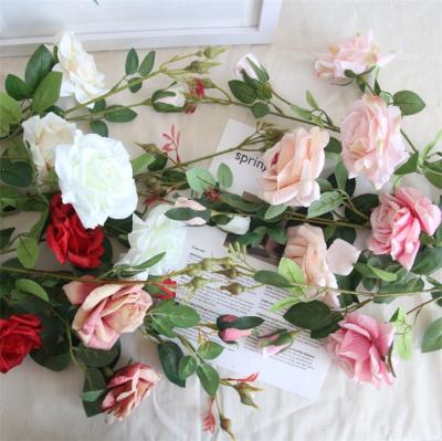 China Home Decoration 3 Heads Wedding Decoration F-1449 Rose Flower Stems Rose Buds Simple Artificial Silk Table Centerpiece Wedding Flower for sale