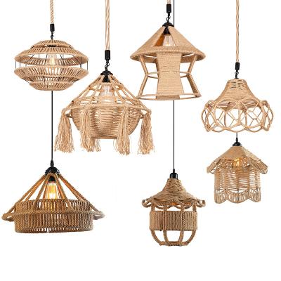 China Contemporary Hemp Rope Cage Pendant Light Rustic Woven Chandelier with Wire Metal Light Fixture for Farmhouse CORP for sale