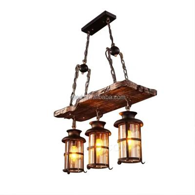 China Contemporary Retro Industrial Rustic Wood Chandelier Lantern 3-Light Iron Pendant Light Fixture Clear Glass Shade For Cafe WD0018 for sale