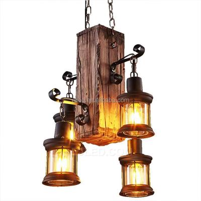 China Vintage Contemporary Wood Industrial Chandelier Light Retro Metal Restaurant Pendant Lamp Black Cage Frame With Glass Shade WD0015 for sale