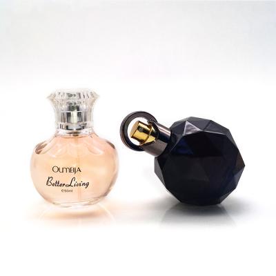 China Personal Care 100ml Round Shape Glass Perfume Bottle With Pump Sprayer And Over Cap for sale