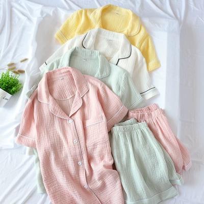 China QUICK DRY Crepe Gauze Couple Cotton Pajamas Texture Shorts Sheaths Women Pajamas Sleepwear Pijamas Set for sale