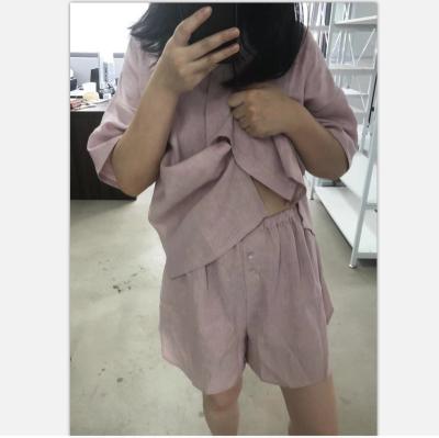 China Latest Design 100% Canvas QUICK DRY Oversized Dusty Pink Customized 2 Pcs Short Women's Canvas Pajamas Set for sale