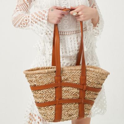 China Other Designer Straw Weaving Handbags Brand Faux Rattan Big Tote Women Bag PU Leather Shoulder Bags Summer Beach Female Bucket Bag for sale